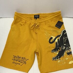 Ed Hardy Marigold Fleece Panther Tattoo Graphic Large Mens Sweat Shorts NWT Y2K